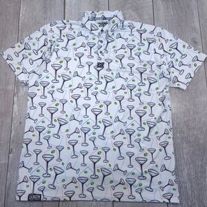 Dixxon Polo Shirt Mens XL White Martini Glass Olive Print D-Sport Performance